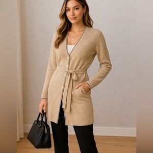 Vintage Fred David Belted Long Cardigan Sweater Coat Beige Minimalist Knit Small